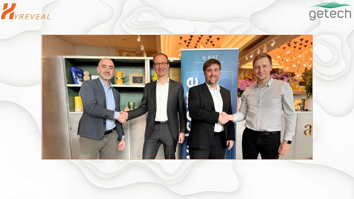 Getech and HyReveal executives shaking hands after signing a natural hydrogen exploration agreement