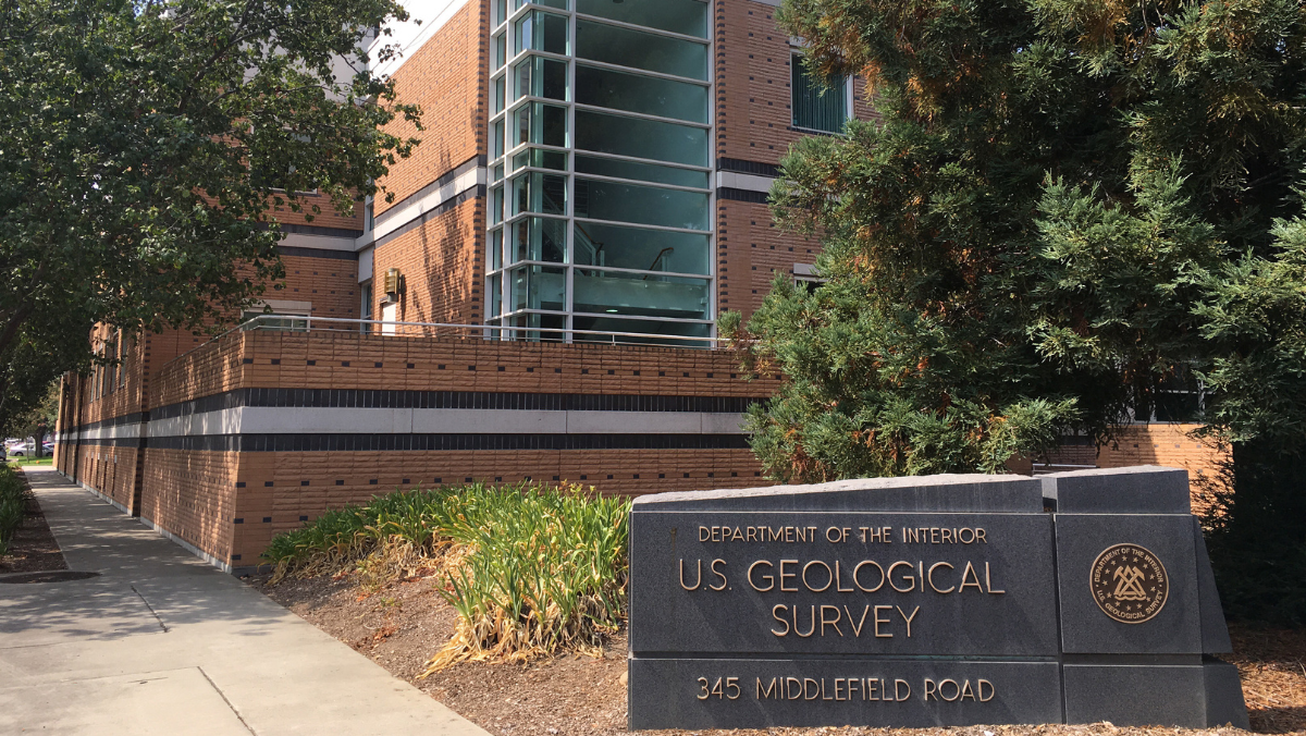 U.S. Geological Survey building exterior with signage at federal research facility