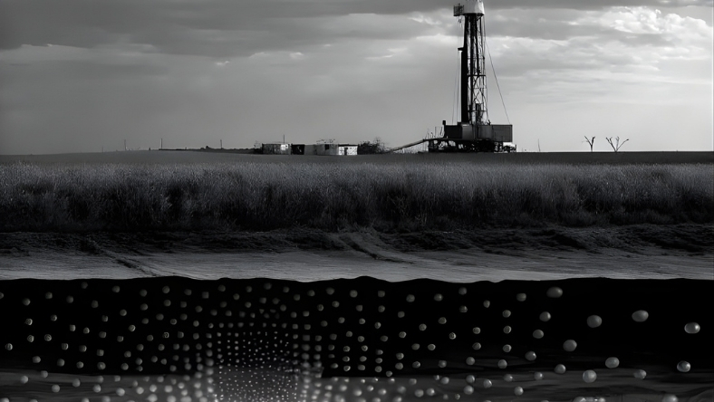 Energy drilling rig shown above a conceptual subsurface geology illustration