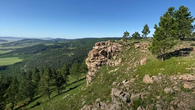 Rocky Wyoming landscape with forested hills and plains